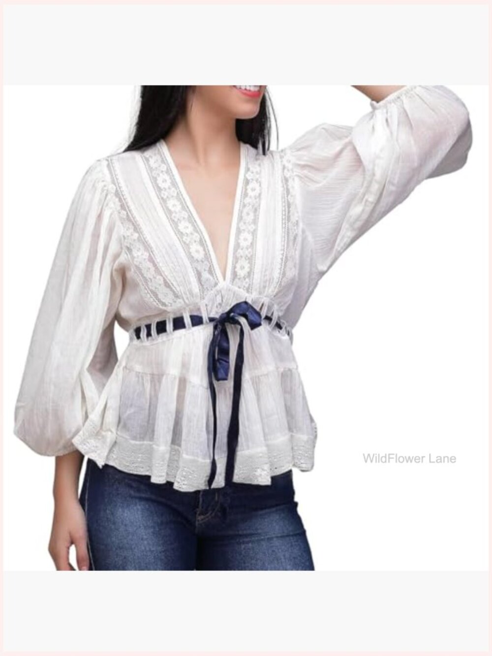 Sheer Lace Trim Puff Sleeve Blouse Tie Front Flowy Peplum Tunic - Picture 2 of 7